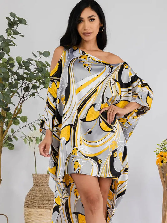 5.22.25 Dress HH Geo metric gray/gold satin off shoulder OS