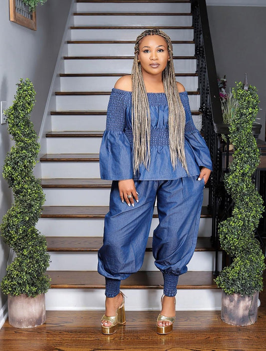 5.29.25 Pant set denim pant set off shoulder OS