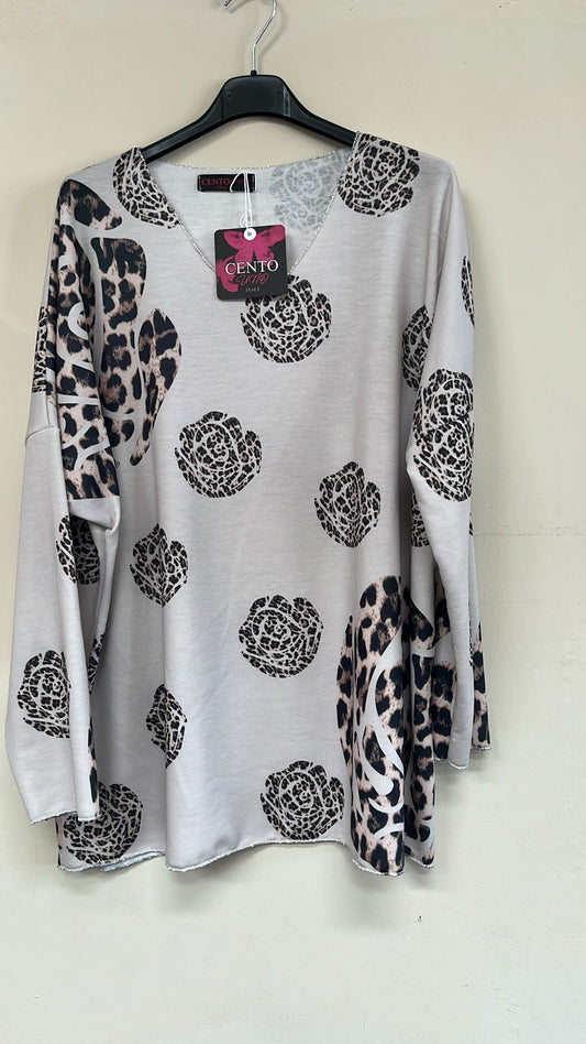 8.17.25 Blouse CentoUno blouse w cheetah circles silver trim up to 1x