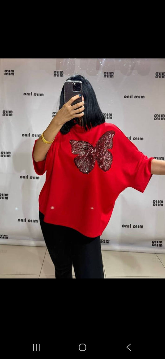 9.16.25 Blouse Miralina red w butterfly bling