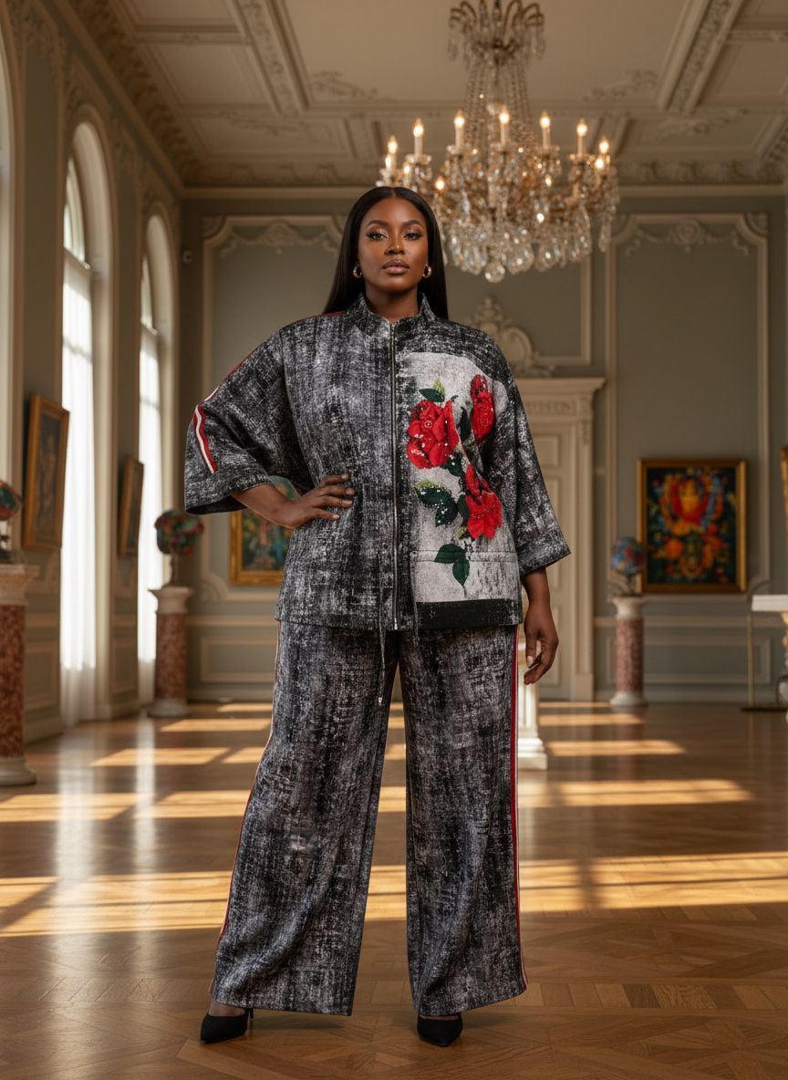 10.11.25 Pants set black/marble w redflowers bling