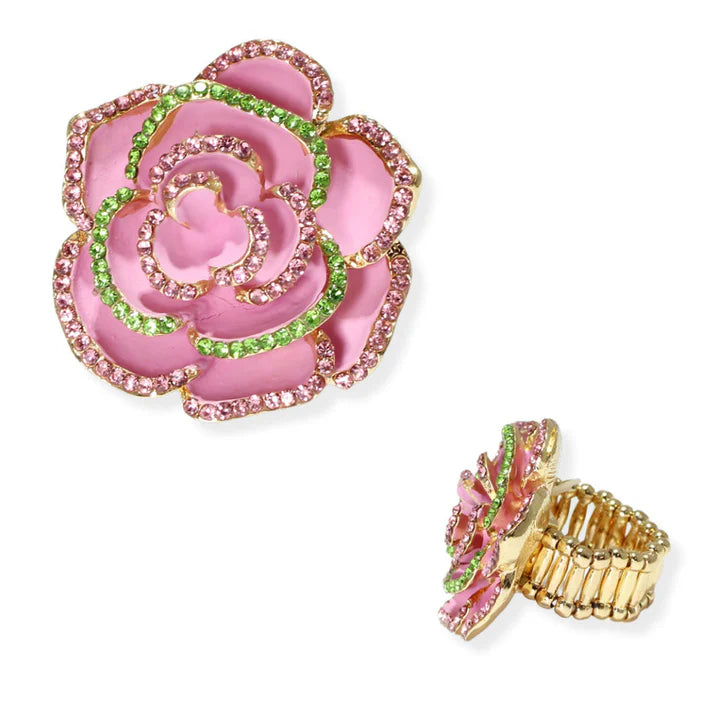 9.4.25 Ring Rose flower crystal rhinestone stretch ring