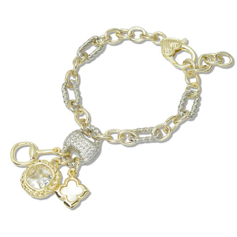 8.8.25 Bracelet  14K GOLD PLATED MOTHER OF PEARL CLOVER GEOMETRIC CUBIC ZIRCONIA ACCENT CHARM DESIGNER INSPIRED BRACELET