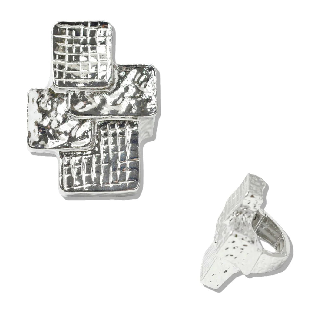 1.9.26 Ringer HAMMERED AND TEXTURED BOLD GEOMETRIC stretch silver