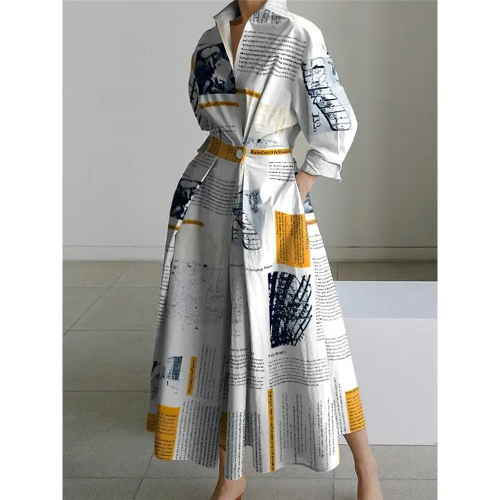 7.6.26 Dress Newspaper print/flare w gold highlight