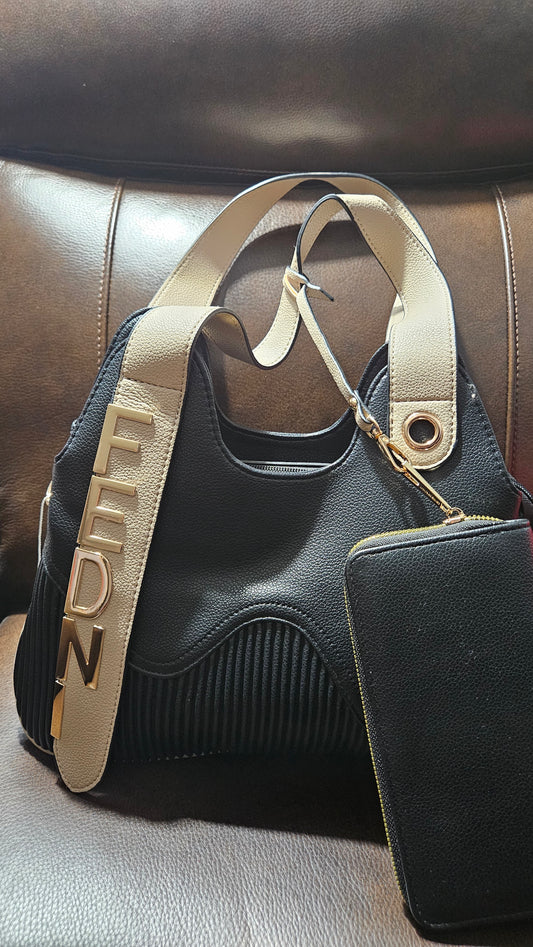 9.4.25 Purse black w tan trim accordian texture designer boutique FN