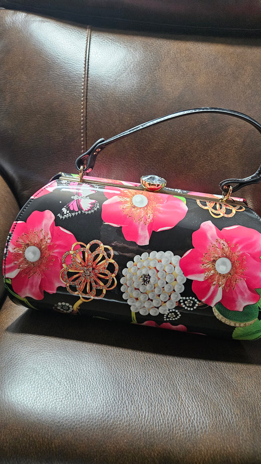 9.6.25 Purse Case purse aqua w floral bling rhinestone closure