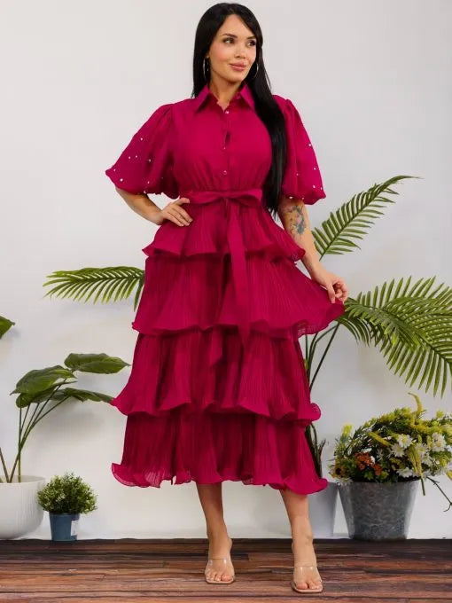 7.9.26 Dress HH magenta ruffle tier w rhinestone sleeve