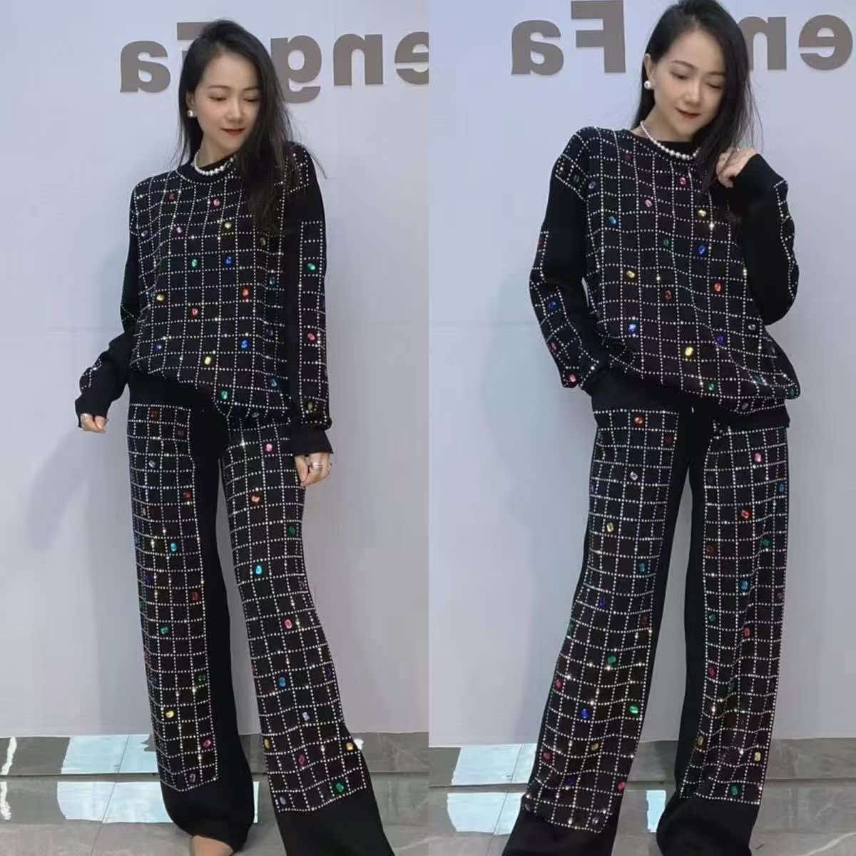 12.18.25 Pants set Black sweater bedazzled pants set up to 1x