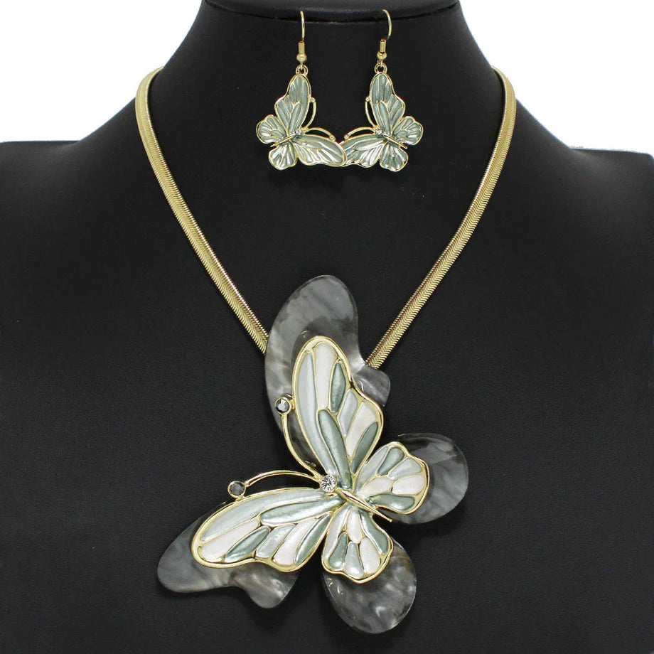 7.16.25 Necklace enamel butterfly celluloid acetace w earrings gray