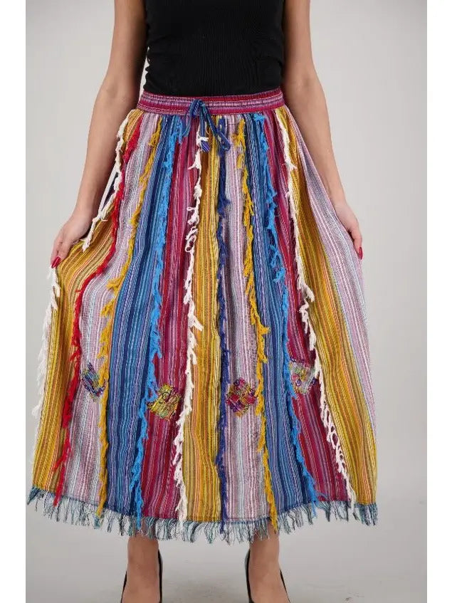 10.11.25 Skirt AA patchwork hobo w fringes maxi