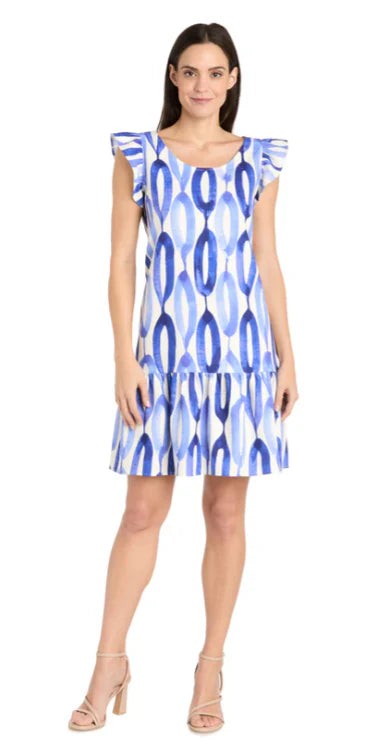 8.22.25 Dress RM blue white ruffle print dress
