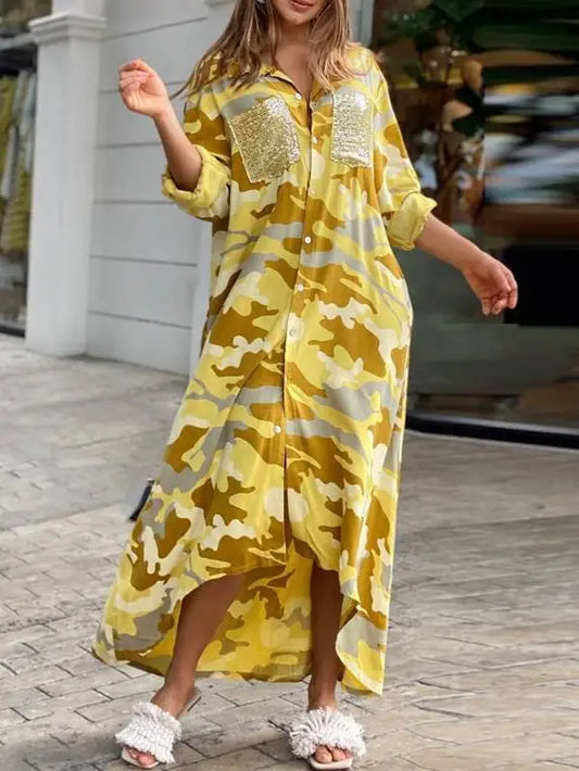 7.6.25 Dress Flavix yellow camo w sequin pocket button up