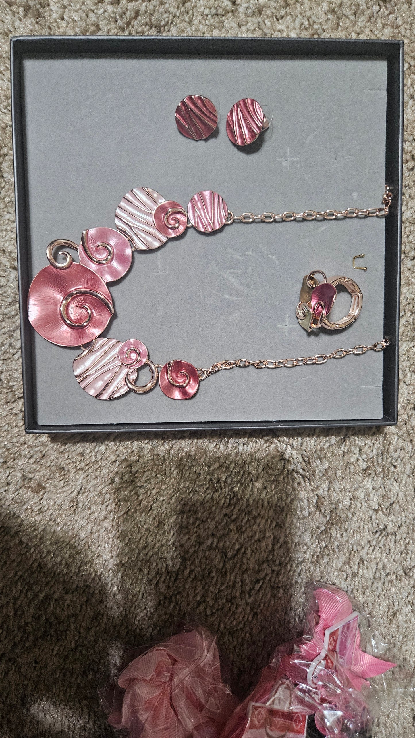 7.18.25 Necklace set pink Rhodes handcraft set earring and ring