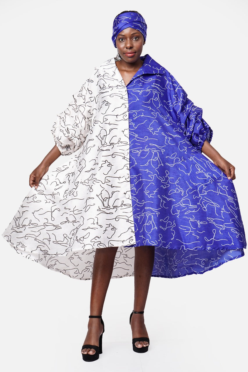 9.17.25 Dress hi/low split w abstract design split colors