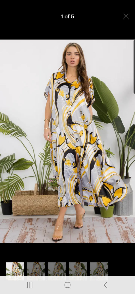 8.5.25 Dress yellow black button up silky upto 3x