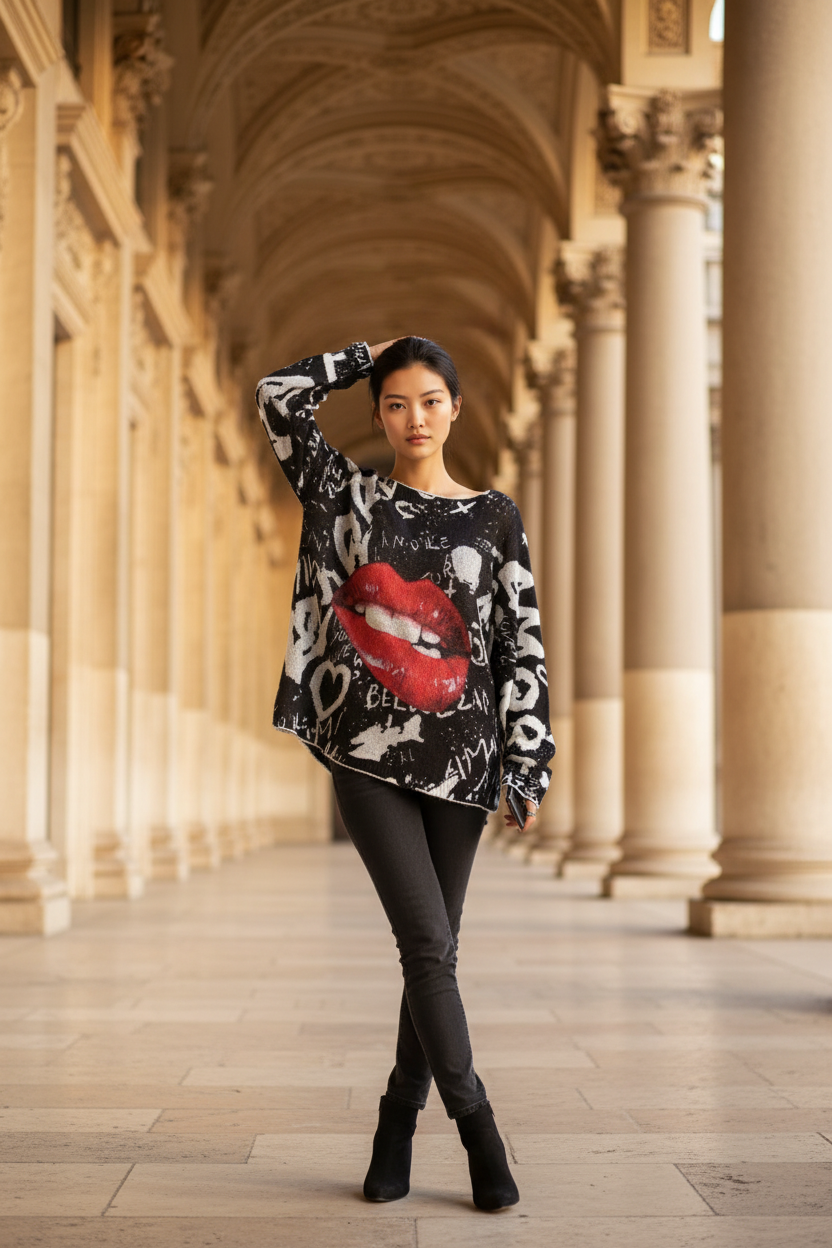 11.26.25 blouse Big red lips graffiti up to 1x