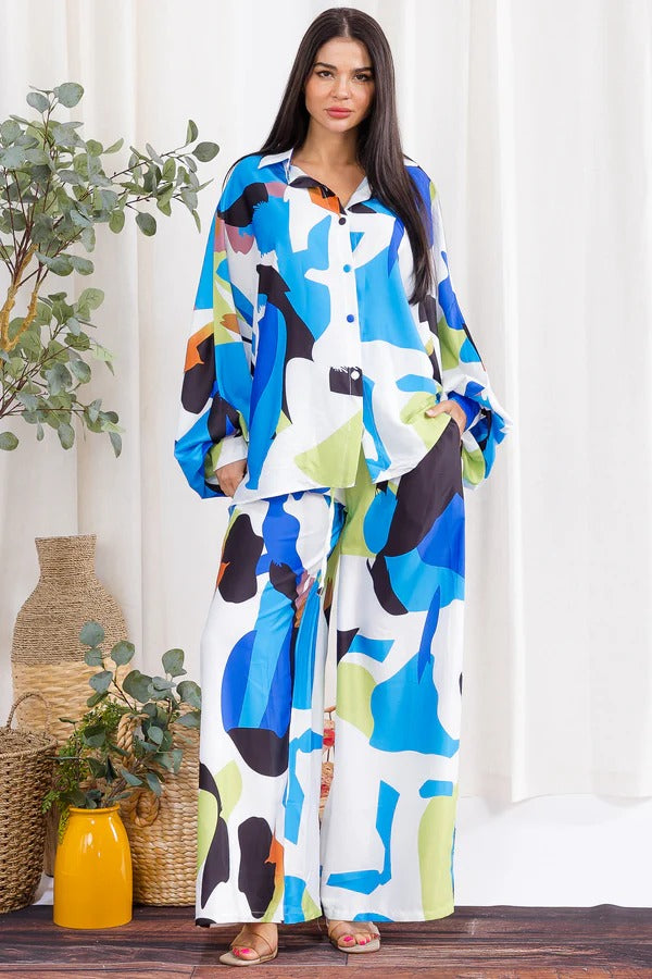 9.17.25 Pants set HH white w abstract pattern