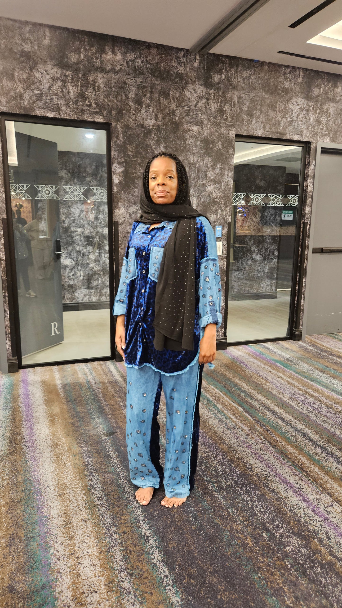 9.16.25 pants set blue velvet w gold cheetah