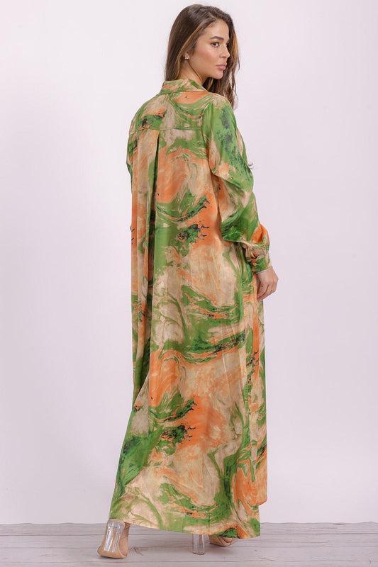 6.4.25 Dress HH green/tan swirly button up silkly OS