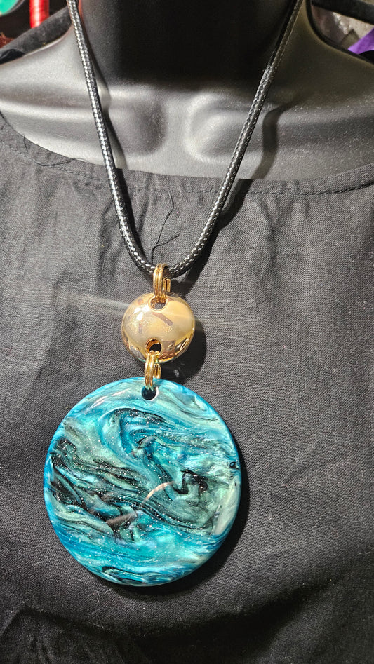 6.12.25 Necklace  Circle GLITTER CELLULOID ACETATE STATEMENT NECKLACE aqua
