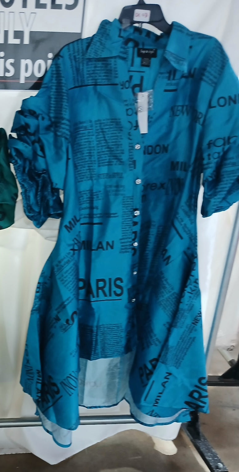 10.15.26 Dress Newpaper print hi/low turquoise up to 2x