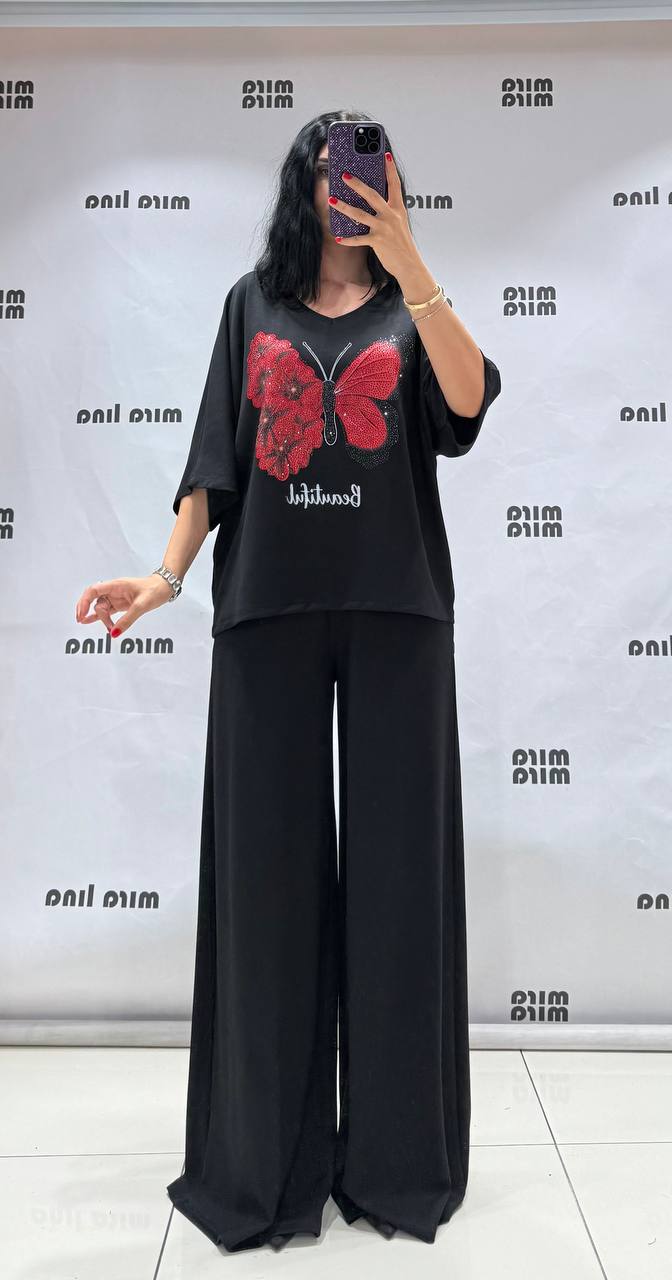 7.6.26 Pants set YK black w red butter fly