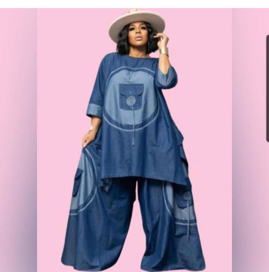 9.16.25 Pants Set Denim  w pockets palazzo set fits up to 2x