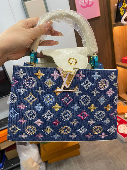 8.21.25 Purse denim L w colorful stitching w bling