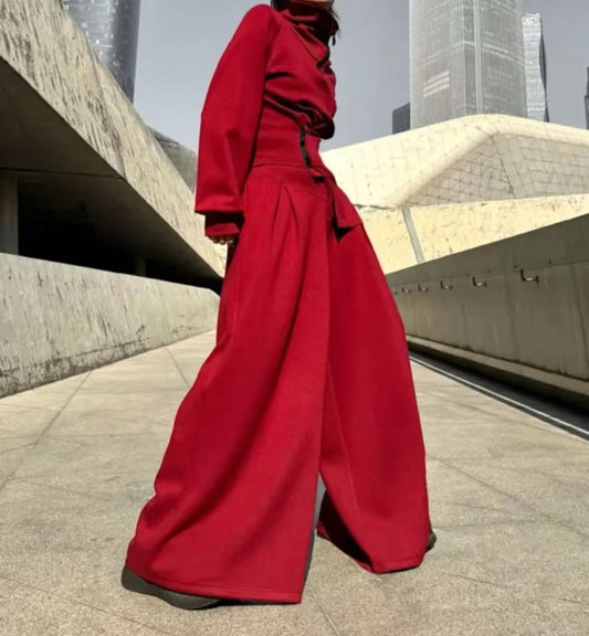 10.22.25 Pants set Asymmetrical zip w wide leg pants RED