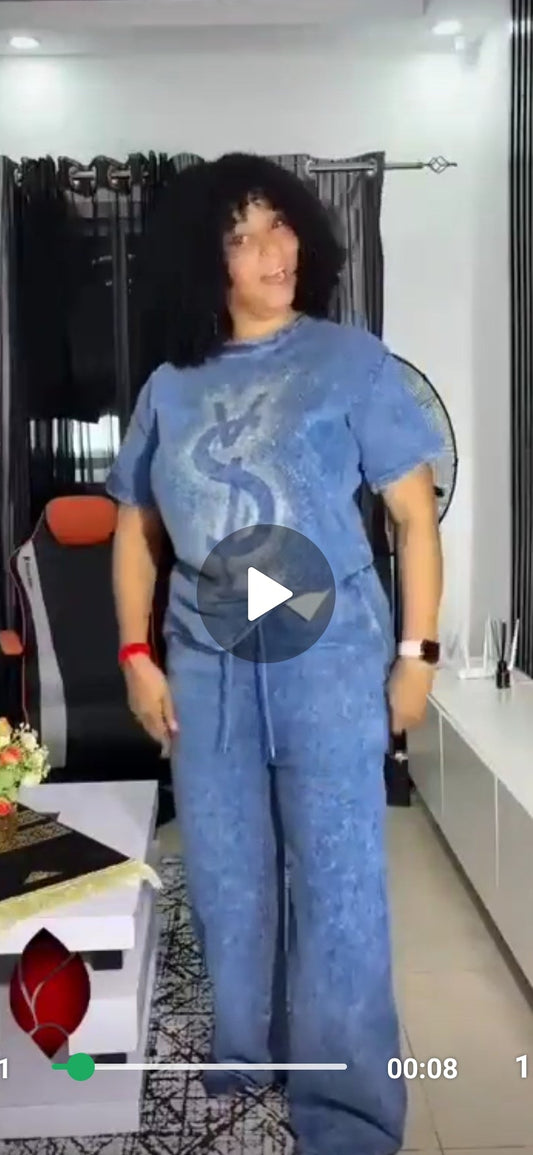 1.12.26 Pants set Y denim look w rhinestone letters