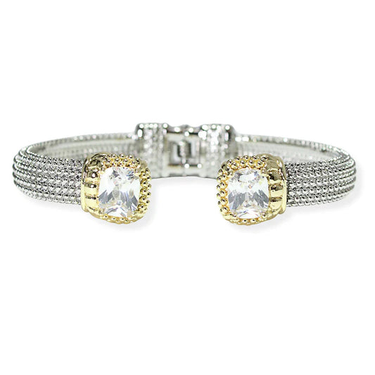 6.24.25 Bangle  14K GOLD PLATED, Gold RECTANGLE CUBIC ZIRCONIA ACCENT DESIGNER INSPIRED OPEN CUFF