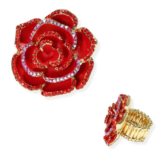9.4.25 Ring Rose flower crystal rhinestone stretch ring