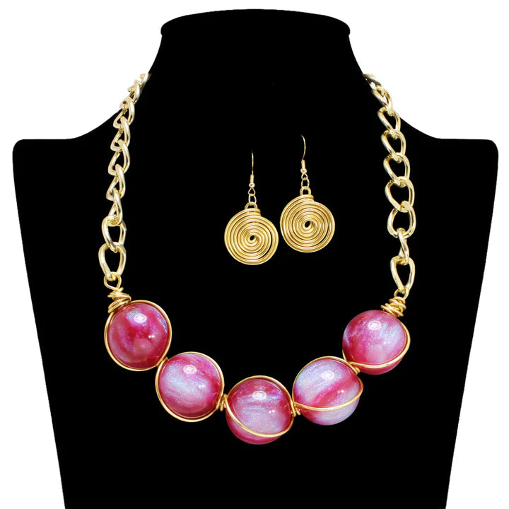 10.14.25 Necklace set glitter ball w gold spiral earrings
