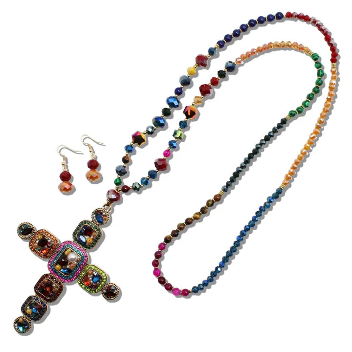 5.15.26 Necklace beaded cross long bead 36 length topaz