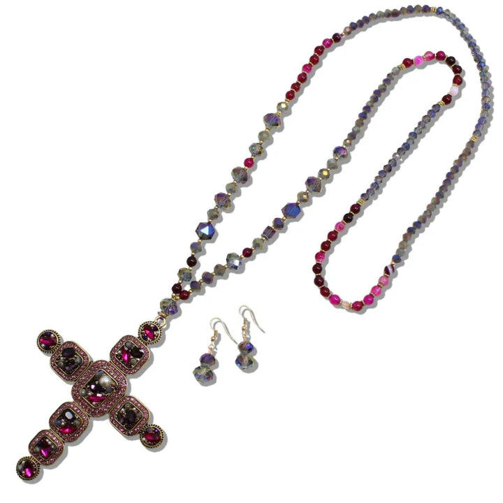 5.15.26 Necklace beaded cross long bead 36 length topaz