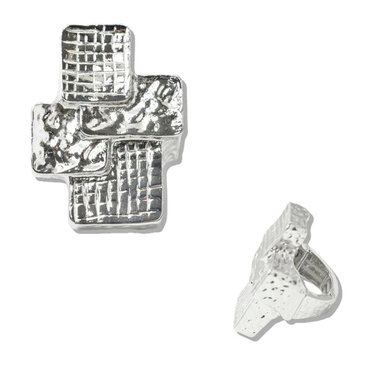 1.9.26 Ringer HAMMERED AND TEXTURED BOLD GEOMETRIC stretch silver