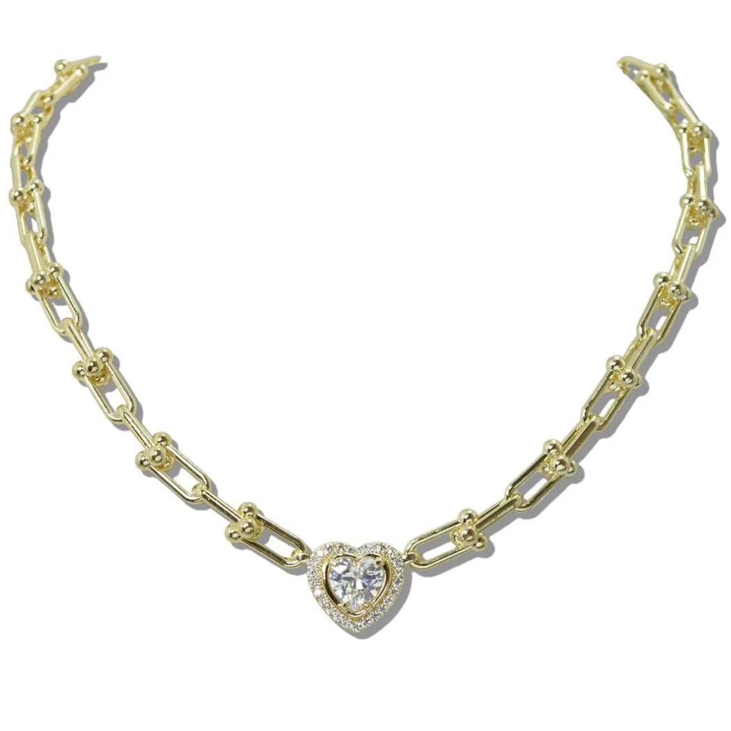 4.1.26 Necklace 14K Gold Plated Square Cz Stone Accent link heart