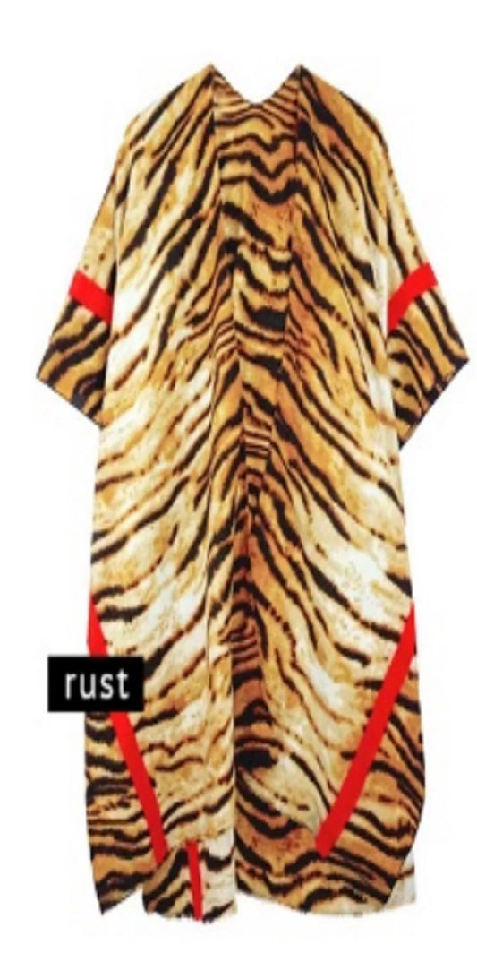 8.28.25 Duster animal print red strip border lt wool OS