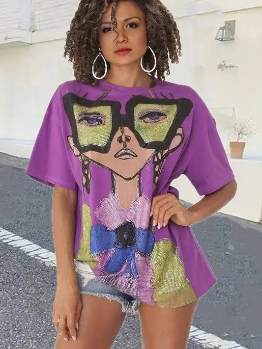 7.6.25 Graphic Tee Flavir rhinestone purple w lady w glasses