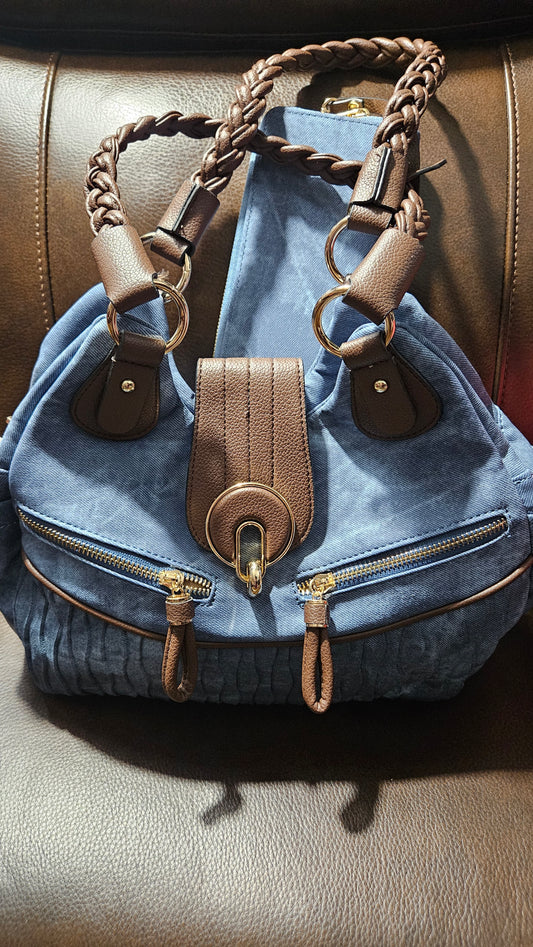 9.4.25 Purse Denim faux look w brown braid handle