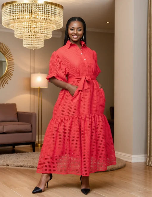 5.5.26 Dress Waffle patterned puffy sleeves maxi up to 2x red