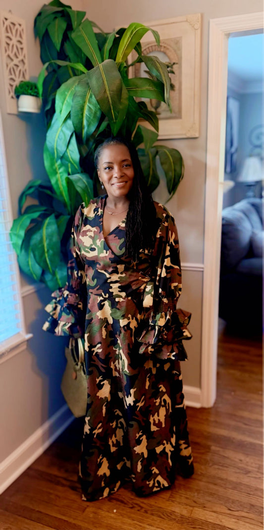 8.18.25 Dress Camo wrap dress w bell ruffle sleeves up to 2x