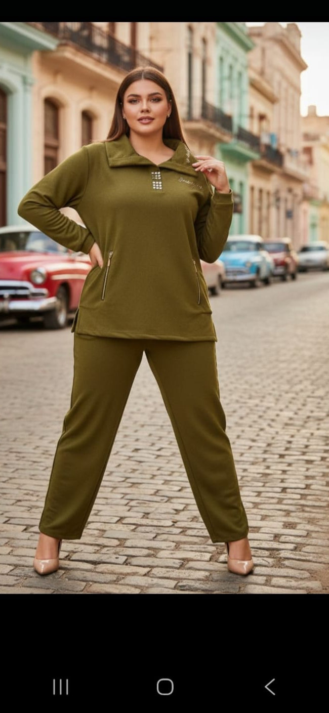 9.17.25 Pants set Vogue collar bling Olive