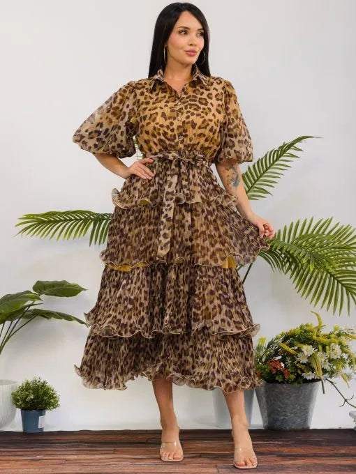 7.9.26 Dress HH Leopard print tier ruffle w rhinestone short sleeve