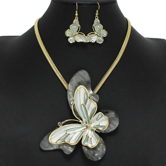 7.16.25 Necklace enamel butterfly celluloid acetace w earrings gray