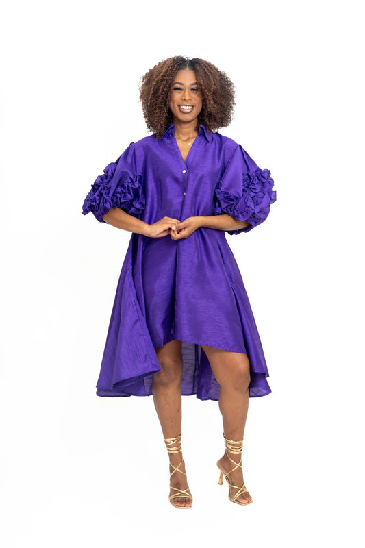 8.22.25 Dress SNS Faux silk purple w ruffle sleeve high low