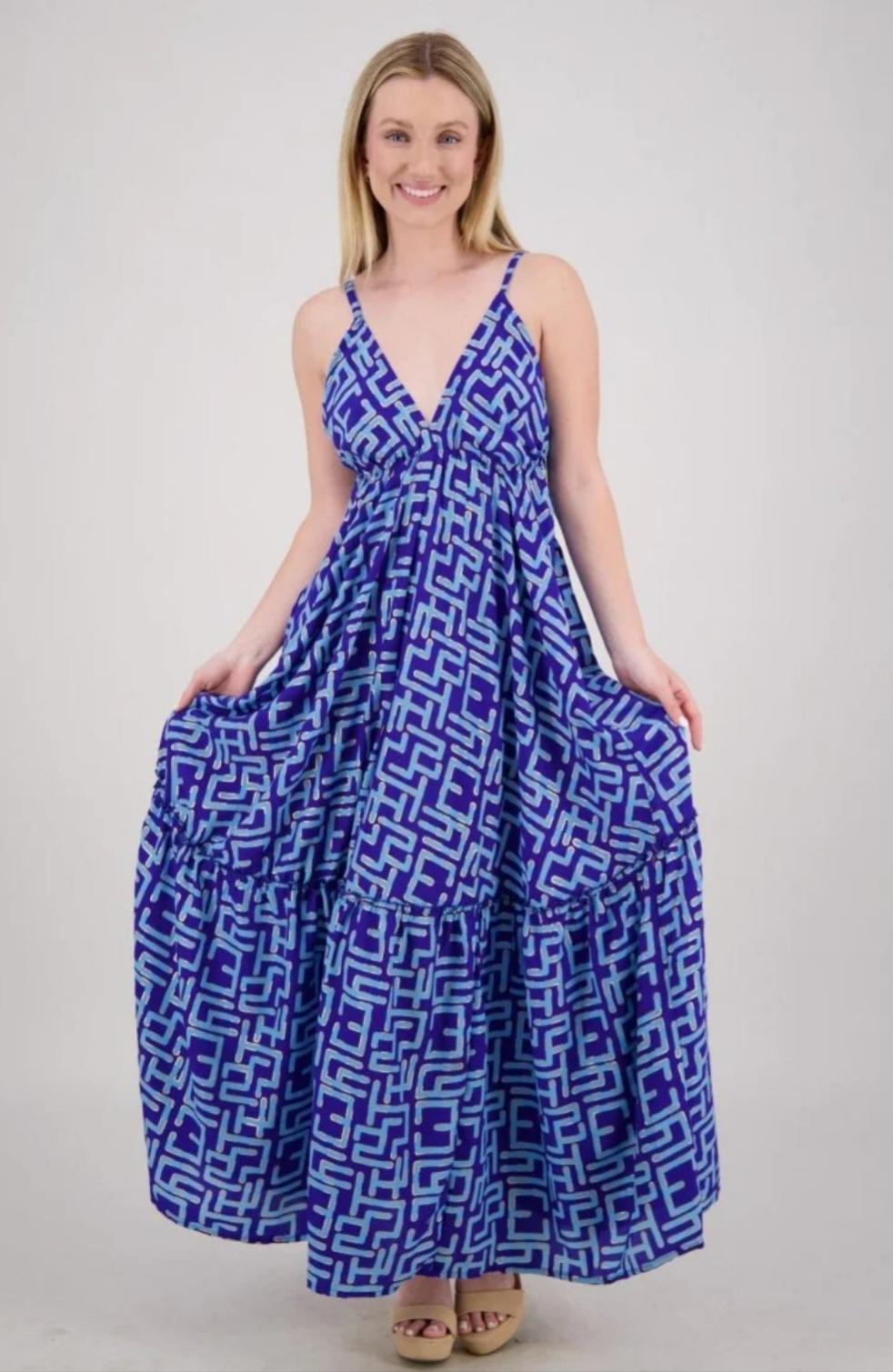 6.15.25 Dress Shanta summer vacay halter dress w gold box pattern OS