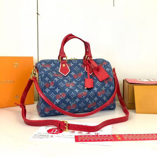 8.21.25 Purse Denim w cherries speedy tote L