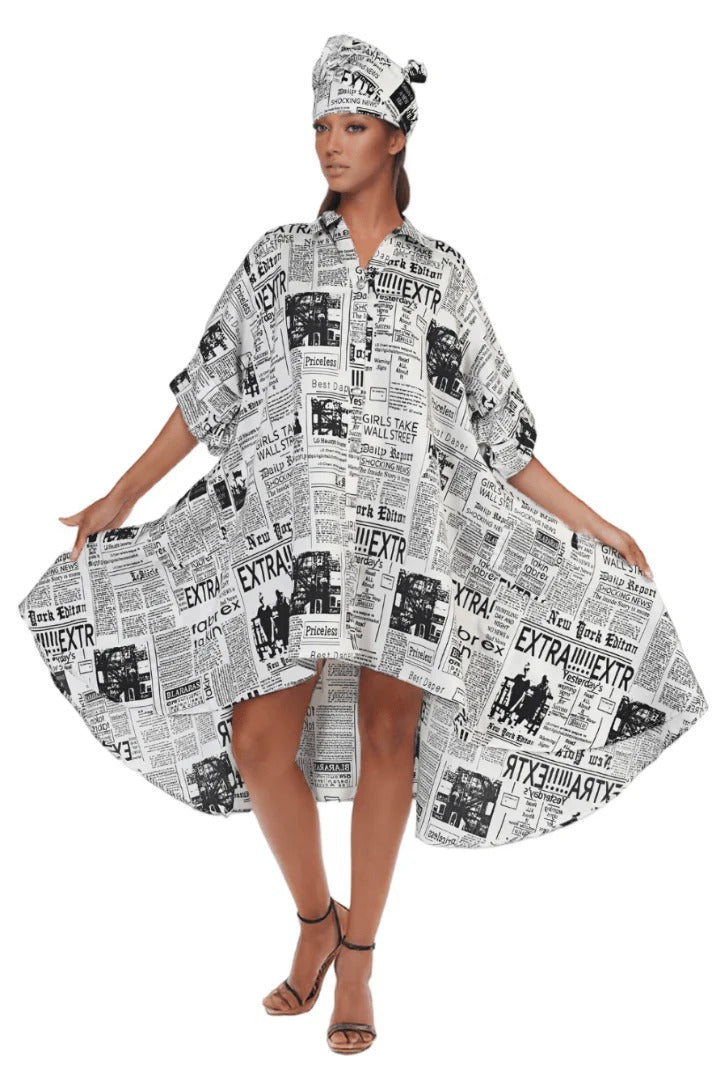 9.11.25 Dress NF newspaper hi/low up to 2x
